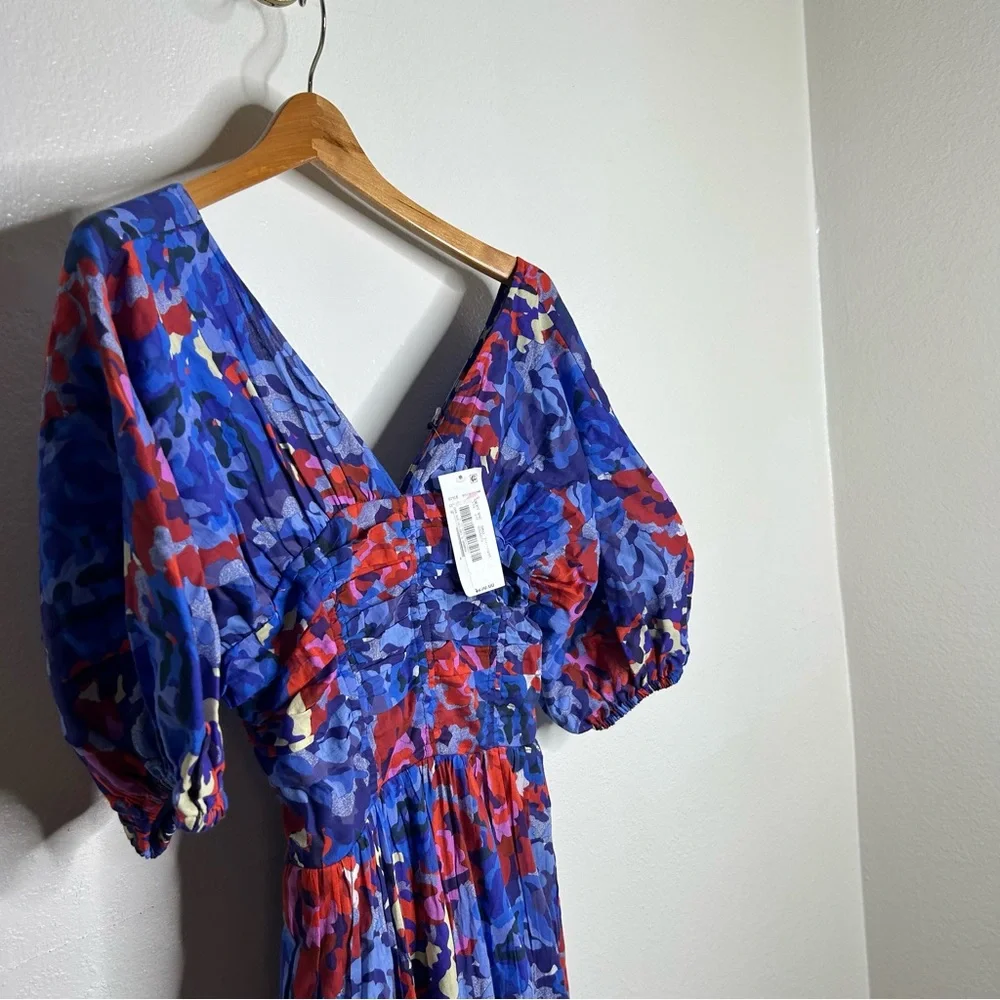 NWT Ro's Garden 100% Cotton Blue Red Floral Puff Sleeve Nieves Maxi Dress Small
